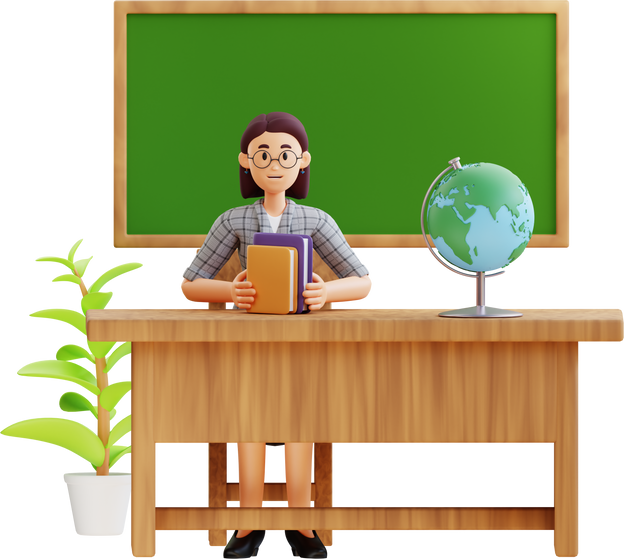 female teacher sitting while arranging books on the table 3d character illustration